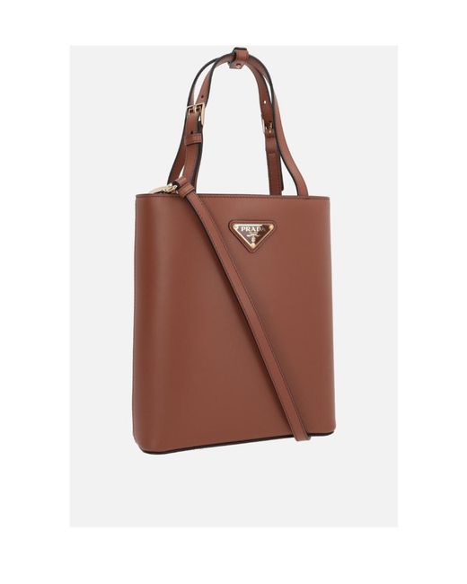 Prada Brown Triangle-Logo Leather Tote Bag
