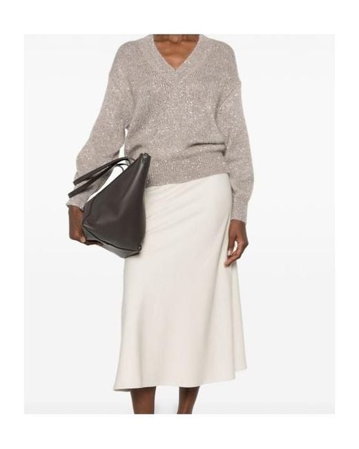Brunello Cucinelli Natural Sequin-Embellished V-Neck Sweater