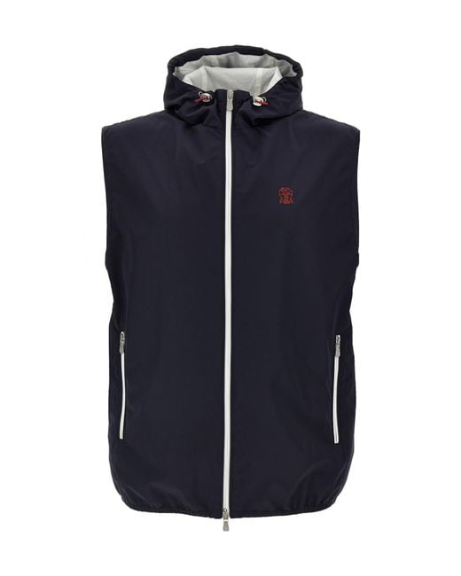 Brunello Cucinelli Blue Logo Embroidered Zip-Up Gilet for men