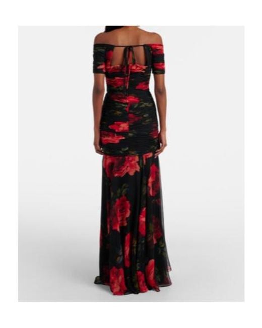 Carolina Herrera Red Floral Ruched Off-Shoulder Silk Chiffon Gown