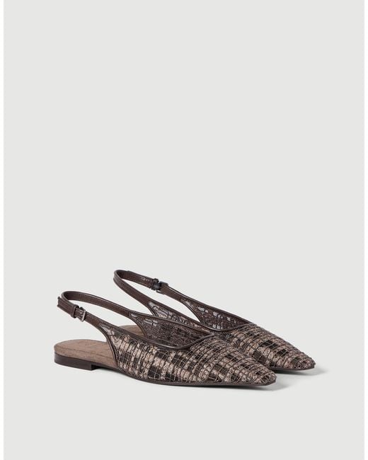 Brunello Cucinelli Brown Precious Check Embroidery Slingback Flats