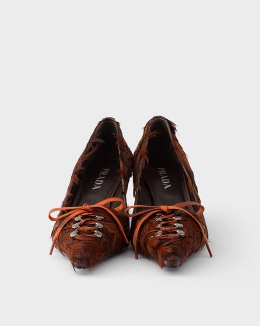 Prada Brown Feather-Embellished Satin Pumps