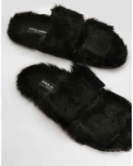 Dolce & Gabbana Black Furry Cross-Strap Slides for men