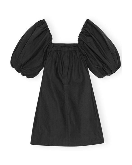 Ganni Black Poplin Puff-Sleeved Mini Dress