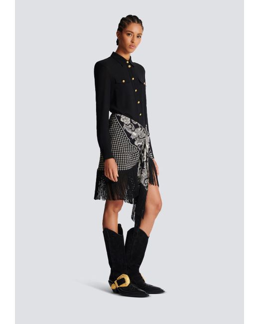 Balmain Black Fringed Silk Scarf Skirt