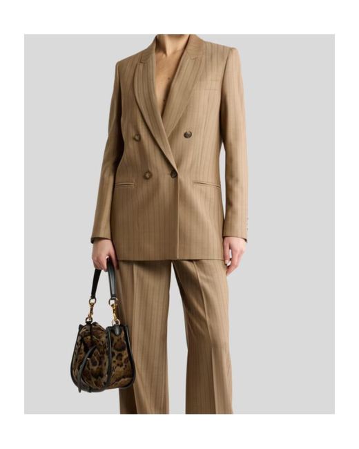 Etro Natural Double-Breasted Wool Jacquard Jacket With Striped Pattern