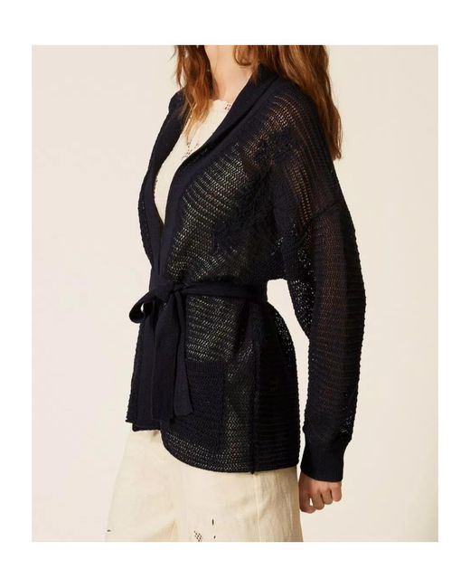 Twinset Blue Belted Open-Knit Cardigan