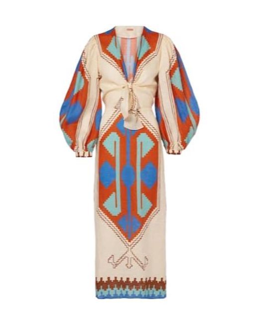 Johanna Ortiz Orange Printed Tie-Detail Linen Midi Dress