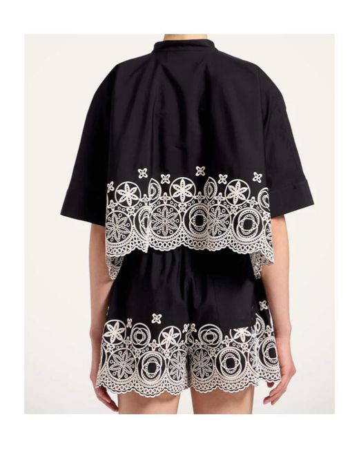 LaDoubleJ Black Mini Foulard Sangallo-Embroidered Cropped Shirt