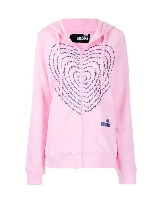 Moschino Pink Heart Print Zipped Hoodie