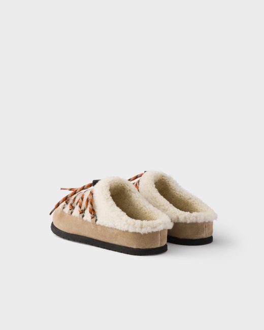 Prada Brown Suede And Shearling Mules