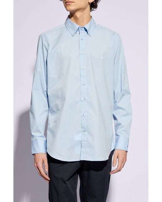 Etro Blue Pegaso-Embroidered Cotton Shirt for men