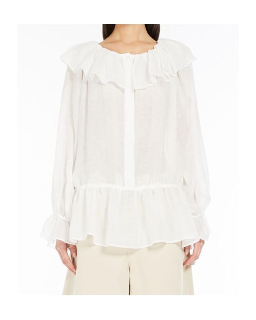 Weekend by Maxmara White Astro 1234 Ruffled Long-Sleeved Top