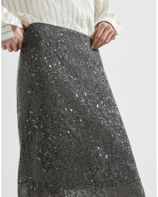 Brunello Cucinelli Gray Dazzling Lace-Embroidery Pencil Skirt