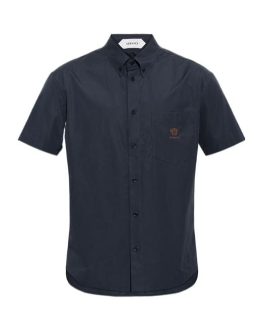 Versace Blue Medusa-Embroidered Patch-Pocket Shirt for men
