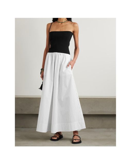 St. Agni White Strapless Jersey And Pinstriped Organic Cotton Maxi Dress