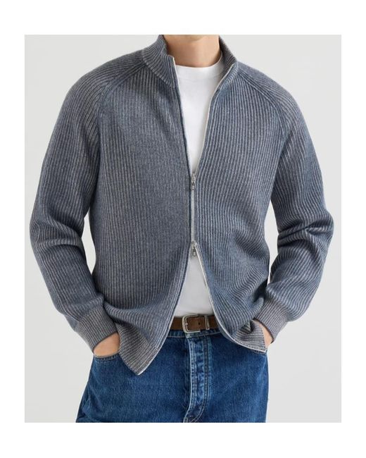 Brunello Cucinelli Gray Cashmere Vanisé English Rib High-Neck Cardigan With Zipper for men