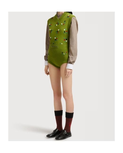 Marni Green Wool-Cashmere Briefs With Flower Embroidery