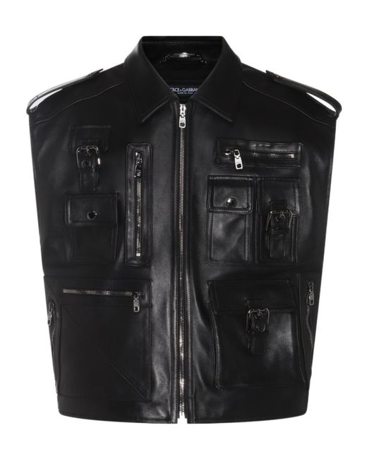 Dolce & Gabbana Black Logo Plaque Biker Leather Gilet for men