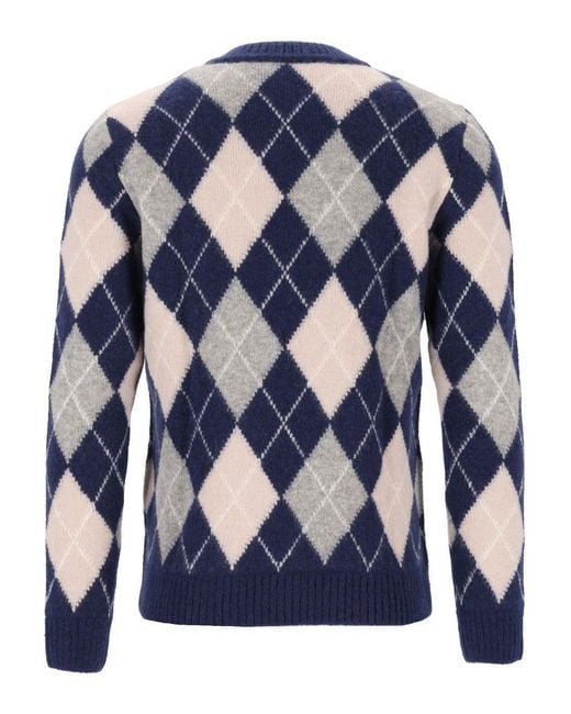 Eleventy Blue Long-Sleeve Argyle-Knit Sweater for men