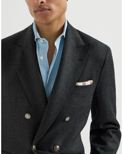 Brunello Cucinelli Black Mouliné Virgin Wool Twill One-And-A-Half Breasted Deconstructed Blazer With Metal Buttons for men