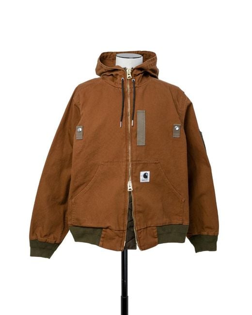 Sacai Brown X Carhartt Wip Logo Patch Zip-Up Hooded Bomber Jacket for men