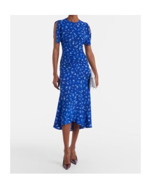 Victoria Beckham Blue Bela Floral Gathered Silk Midi Dress