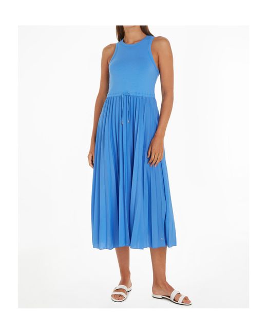Tommy Hilfiger Blue Rib Tank Pleated Midi Dress