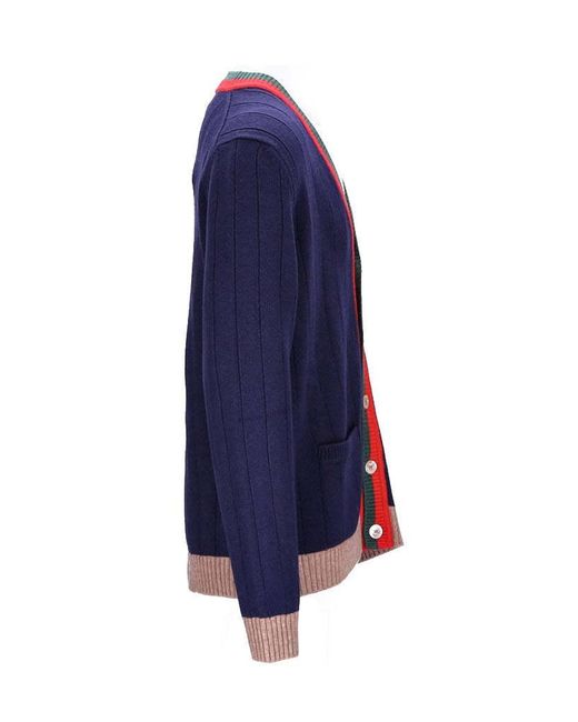 Gucci Blue Web-Stripe Wool Cardigan for men