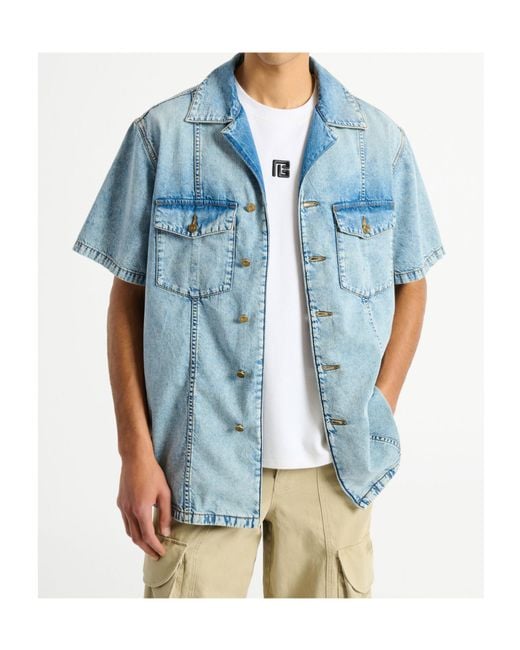Balmain Blue Short-Sleeve Denim Shirt for men