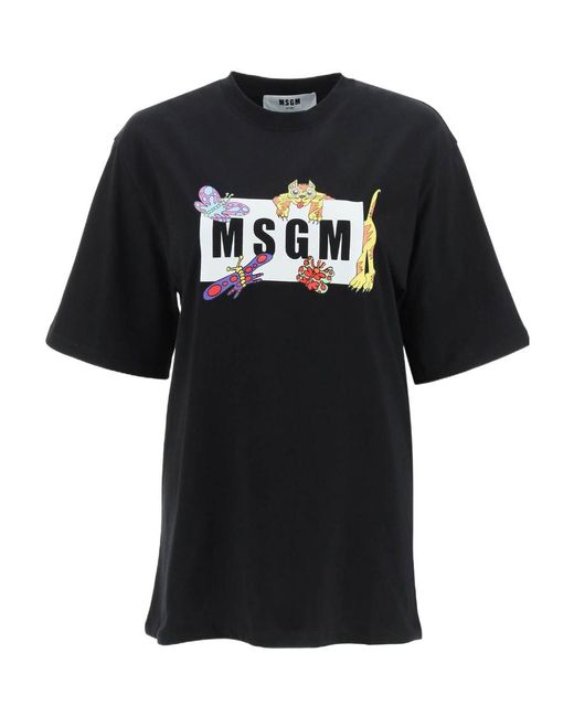 MSGM Black Round Collar Logo T-Shirt