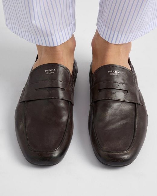 Prada Black Shuffle Antiqued Leather Loafers for men