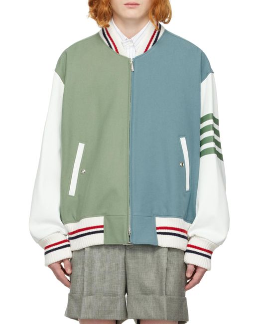 Thom Browne Green Colour-Block Wool Bomber Jacket for men