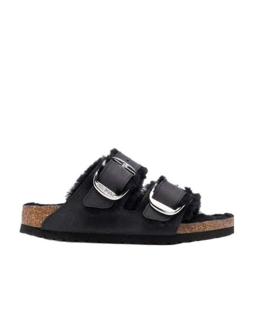 Birkenstock Black Fur-Lined Double-Strap Sandals