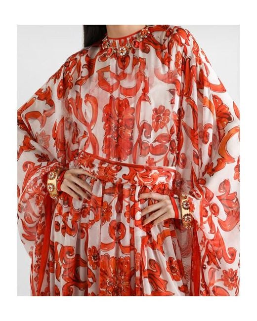 Dolce & Gabbana Red Maiolica-Print Silk Kaftan Long Dress