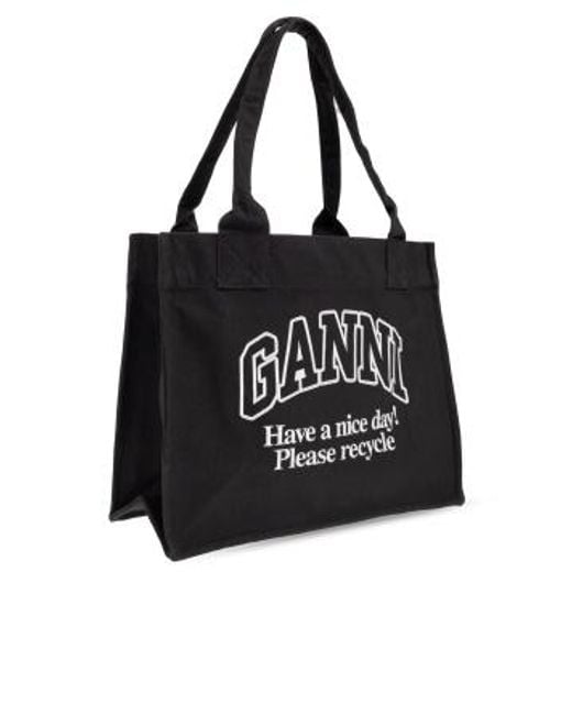 Ganni Black Easy Logo Embroidered Tote Bag