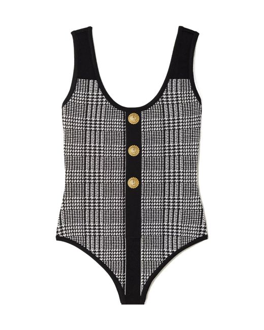 Balmain Gray Embellished Prince Of Wales Checked Stretch-Knit Bodysuit