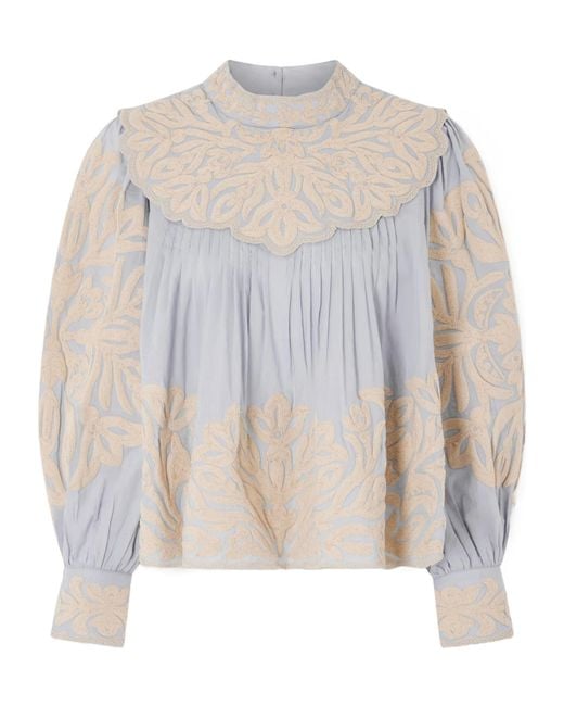 Sea White Alexandra Pleated Embroidered Cotton-Voile Blouse