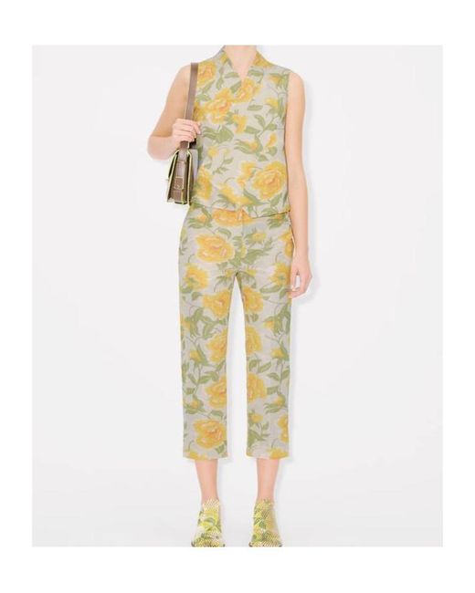 KENZO Yellow Jacquard Peonies Cropped Pants
