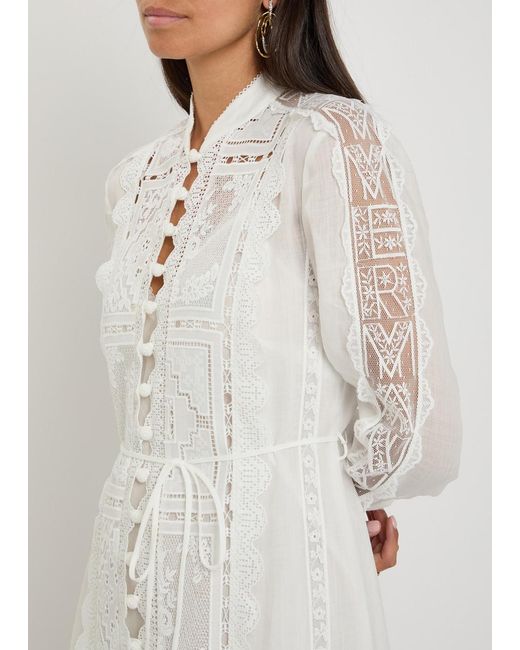 Zimmermann White Aster Embroidered Belted Ramie Midi Dress