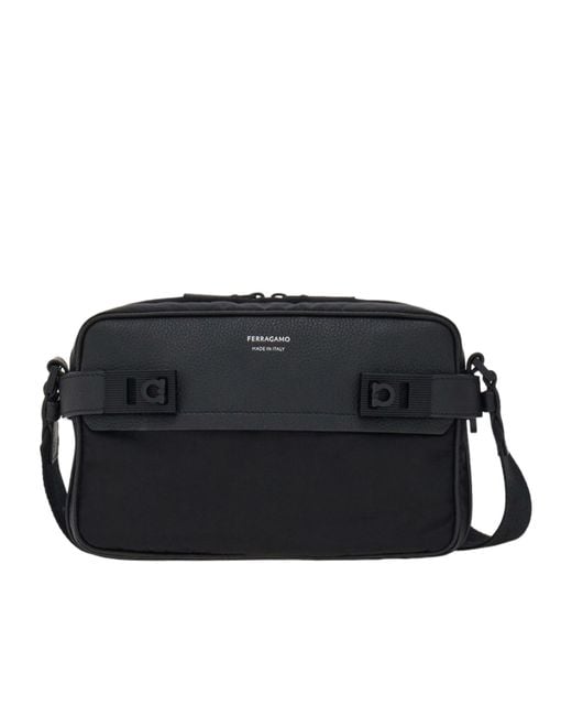 Ferragamo Black Gancini-Buckles Messenger Bag for men
