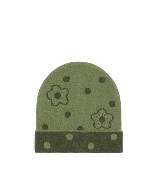 KENZO Green Stamp Floral Patterned Beanie for men