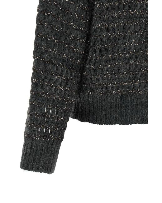 Brunello Cucinelli Gray Sequin-Embellished Open-Mesh Sweater