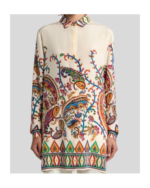 Etro White Long Silk Shirt With Placed Floral Paisley Print