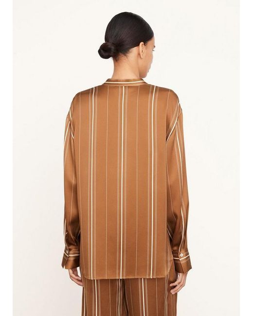 Vince Brown Striped Band-Collar Silk Shirt