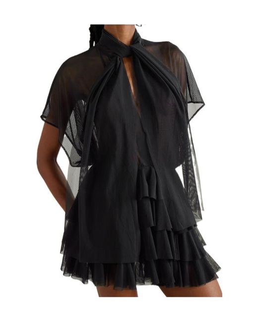 Norma Kamali Black Lauren Bow-Detailed Tiered Ruffled Mini Dress