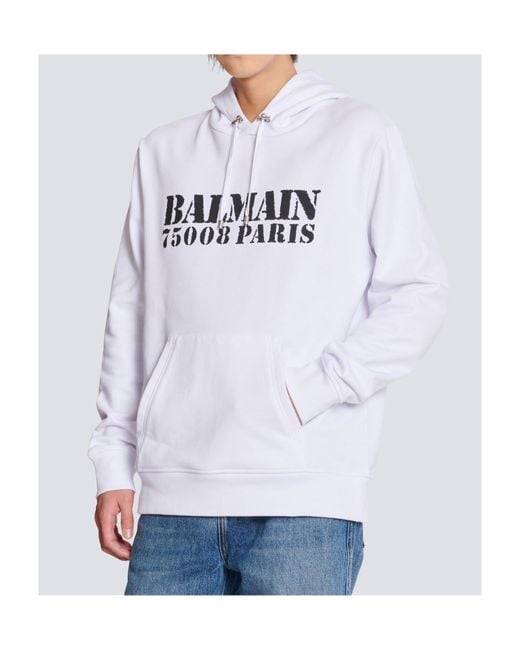 Balmain White Logo Stamp Printed Hoodie for men