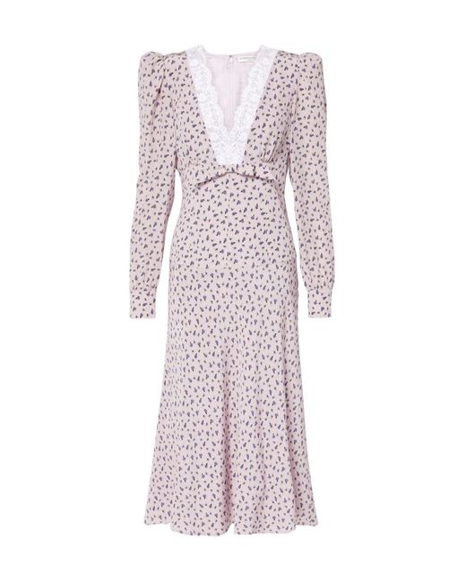 Alessandra Rich Purple Floral Lace-Trimmed Silk Midi Dress