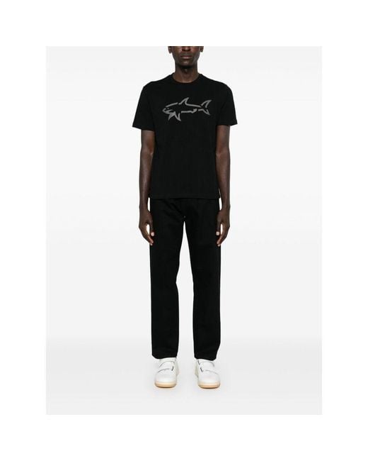 Paul & Shark Black Shark-Print Cotton T-Shirt for men