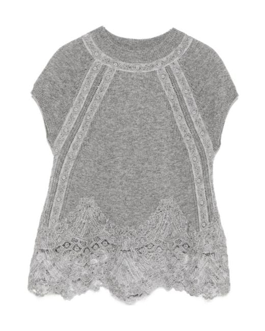 Ermanno Scervino Gray Lace-Trim Knitted Top